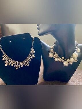 Vintage Rhinestone Waterfall Choker and Pearl Cluster Statement Necklace Set